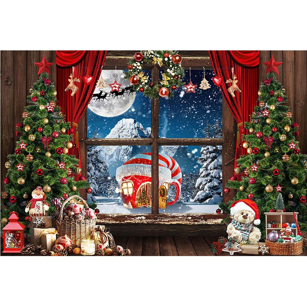 Winter Fenster Wunderland Hintergrund Weihnachten Bäume Gefrorene Schnee Szene Hintergrund Vorhang Vollmond Nacht Fröhlich Weihnachten Party