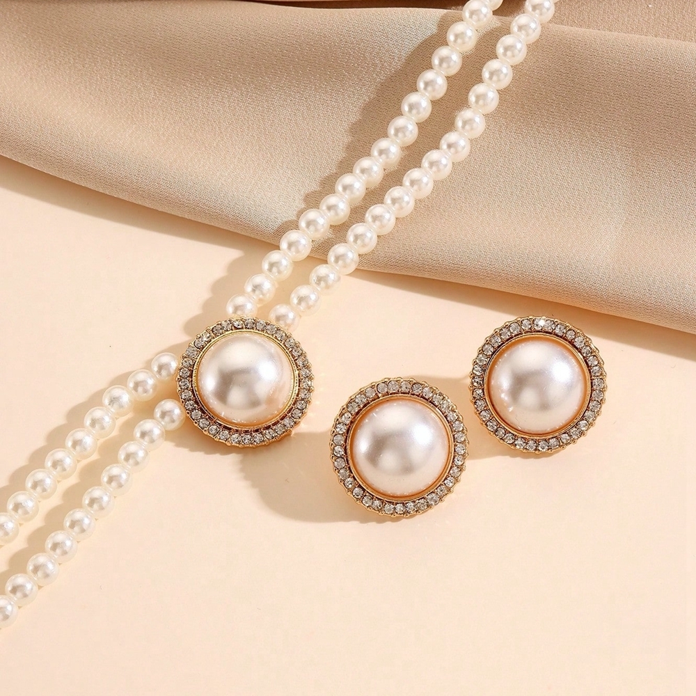 Bruidssieradenset met geometrische ronde strass-steentjes, imitatieparels, kralenketting en oorbellen, feestaccessoires voor dames