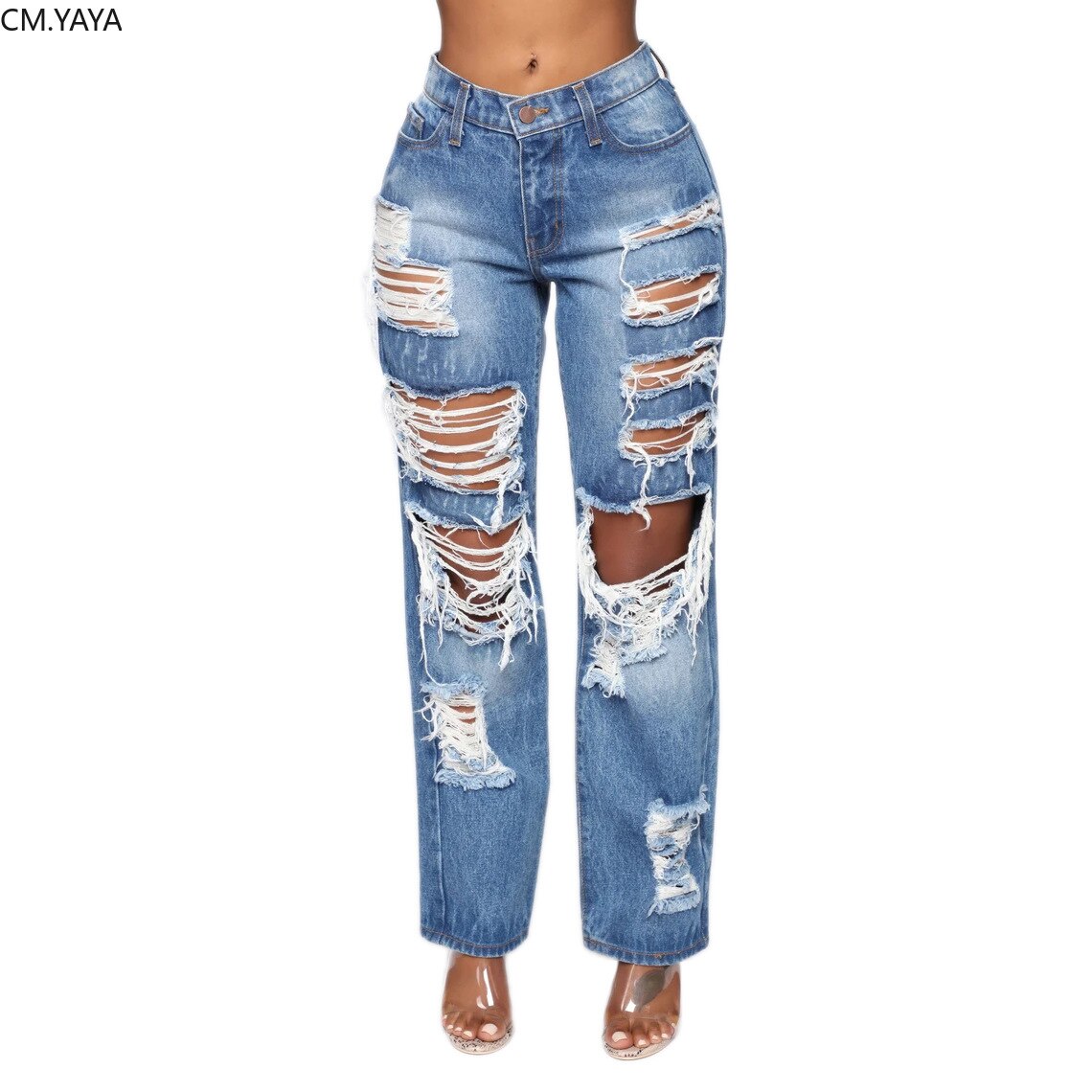 CM.YAYA-pantalon Denim ajouré pour femme, rétro délavé, pantalon Sexy déchiré, Skinny, taille haute, pour femmes