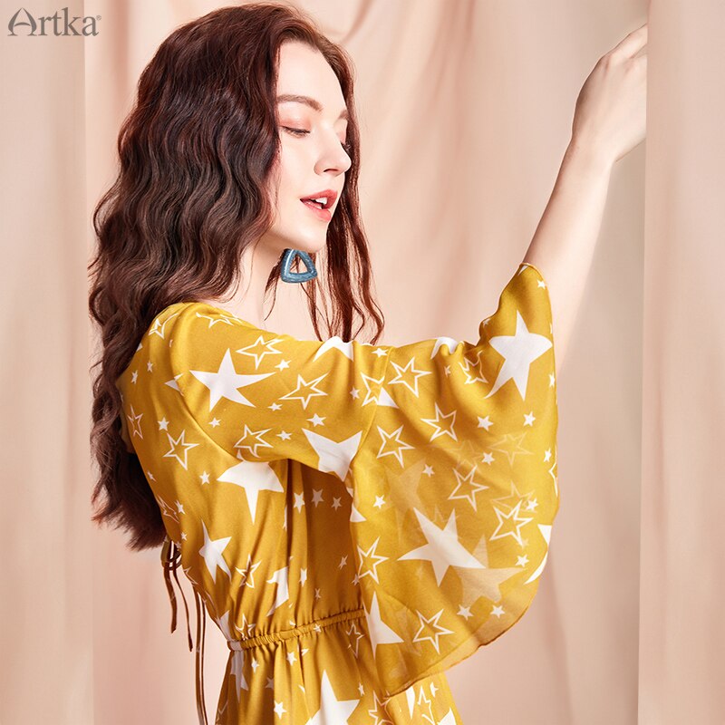 ARTKA Sommer Neue Frauen Kleid Stern drucken aufflackern Hülse Kleider Elastische Taille Oansatz Spitze Bis Chiffon Kleid LA25009C