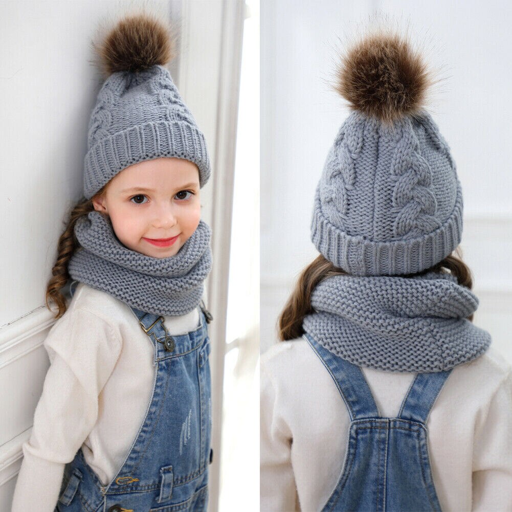 2 sztuk kapelusz dla dzieci + szalik pierścień chłopcy dziewczyny drutach szalik wełniany i futro Pom kapelusz nakrycia głowy akcesoria zimowe zestawy 0-3lat