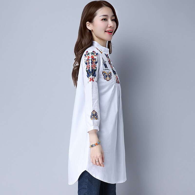 primavera mariposas Casual Camisa blanca suelta Vintage Ethnic camisas Tops blanco algodón bordado blusa Blusas Largas