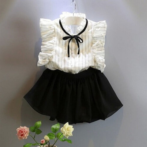2 STUKS Set Meisjes Jurk Kinderen meisje gestreepte mouwloze Tops + solid Rok Outfits Kleding set