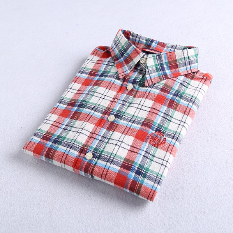 Camisa de franela a cuadros para mujer, blusas de , algodón, bordado, informal, manga larga, Tops, 27 colores, 100%