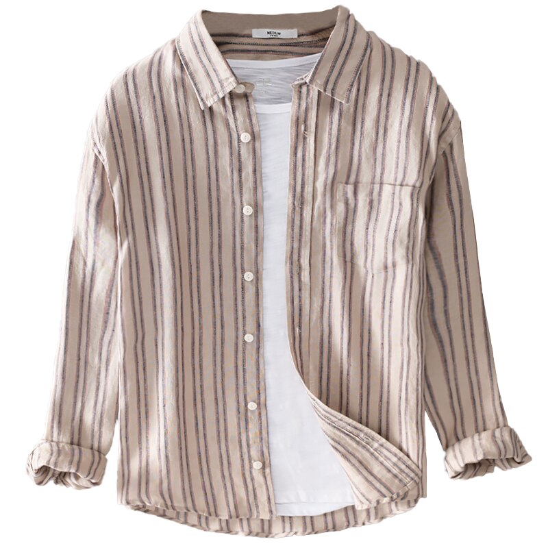 100%  linne stil randig vit skjorta herrmärke långärmade fritidsskjortor för män bekväm skjorta herr chemise toppar
