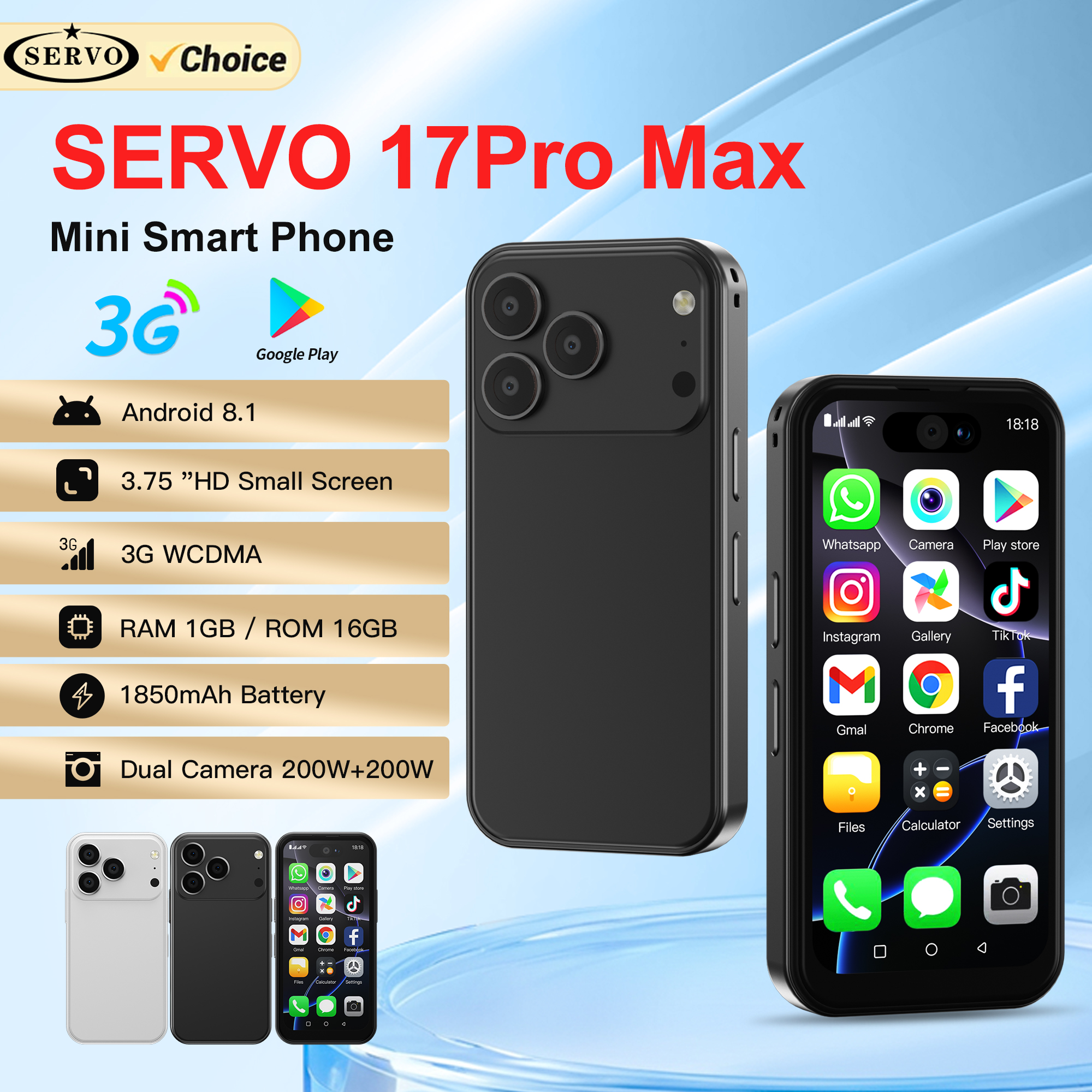 Servo 17pro max android mini smartphone 3g wcdma duplo sim em espera 16gb rom play store wifi 3.75 "tela bonito pequenos telefones celulares