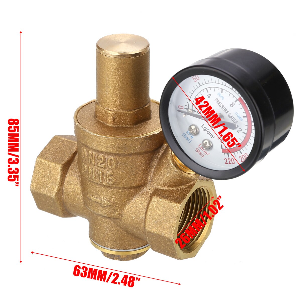 1pc dn20 3/4 &quot; vanntrykkregulator i messing trykkreduksjon justerbar reduksjonsventil med trykkmåler 85*63mm