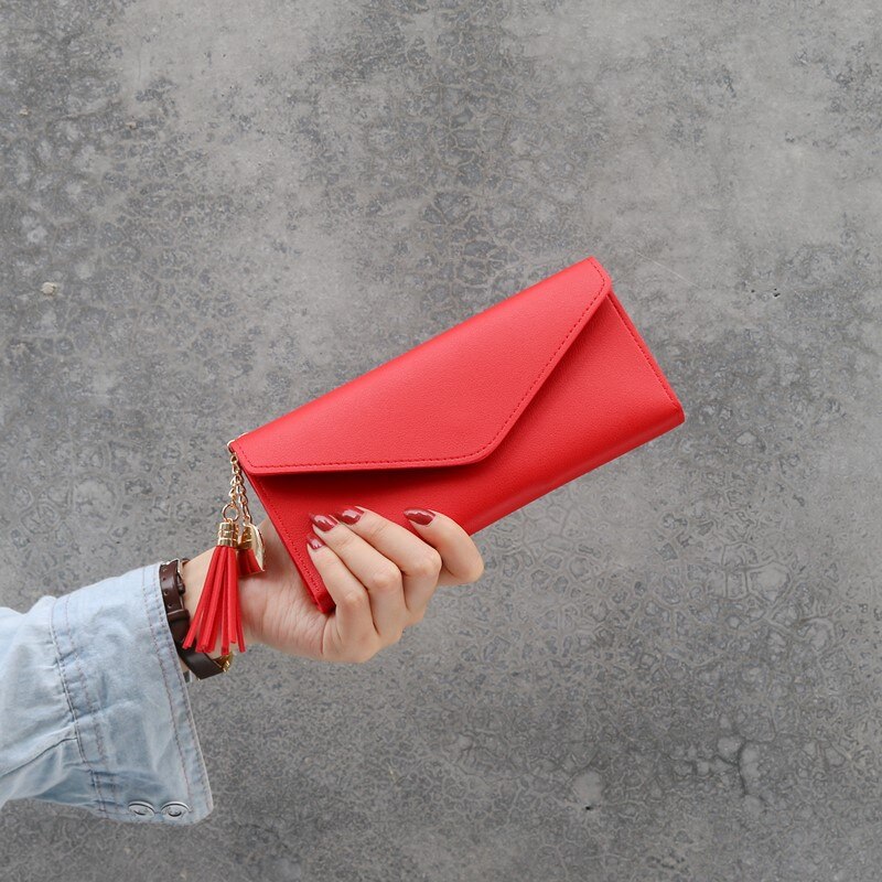 Lange Vrouwen Portemonnee Vrouwelijke Portemonnees Kwastje Portemonnee Kaarthouder Portefeuilles Vrouwelijke Pu Lederen Clutch Money Bag Pu Leer portemonnee: Red