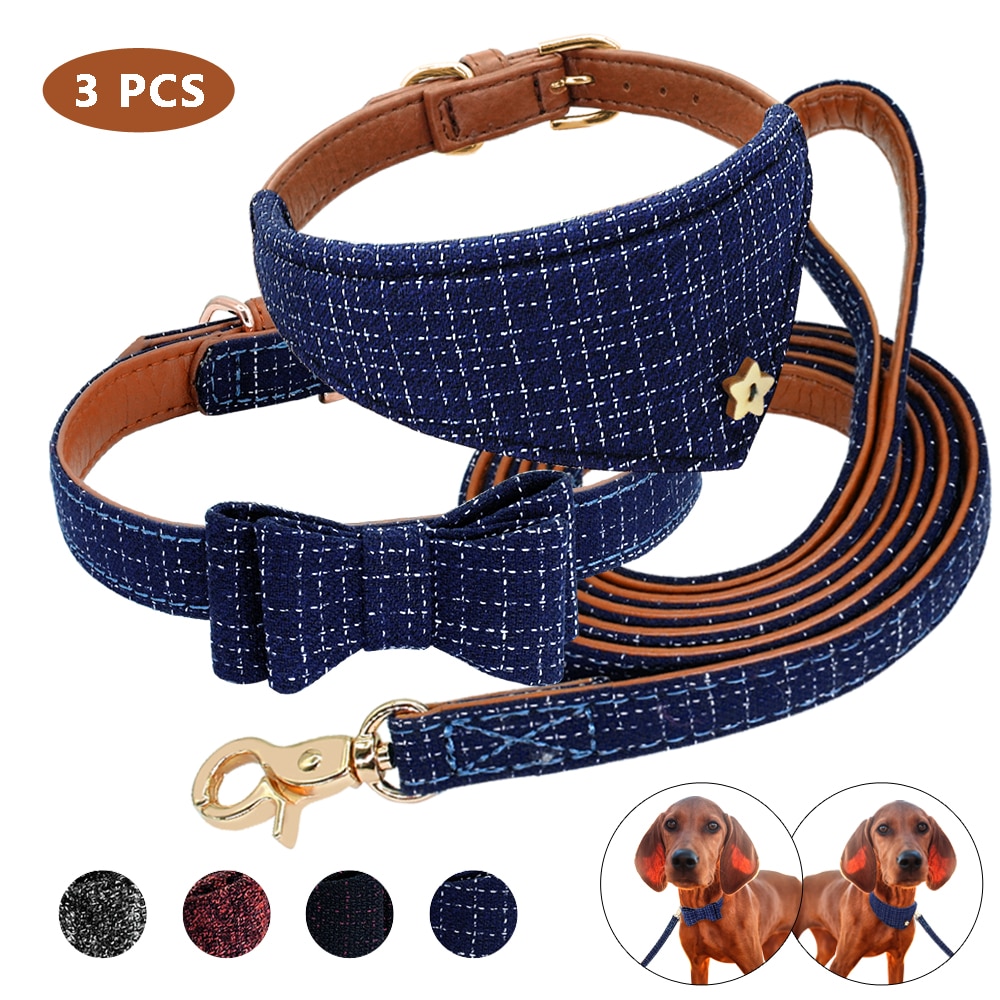 Hundhalsband bandana koppel set hundar katt bowknot läderhalsband bandana scraf med gående koppel husdjur tillbehör