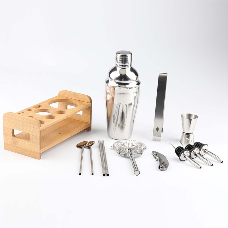 Stainless steel cocktail set wooden base cocktail set 12 pieces various size