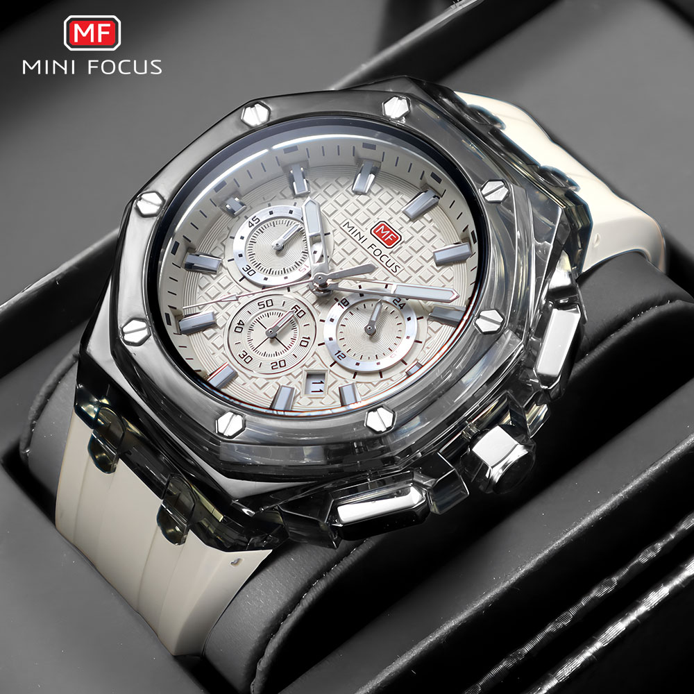 MINI FOCUS Relojes deportivos de cuarzo para hombre con correa de silicona naranja Cronógrafo Reloj de pulsera luminoso resistente al agua con calendario