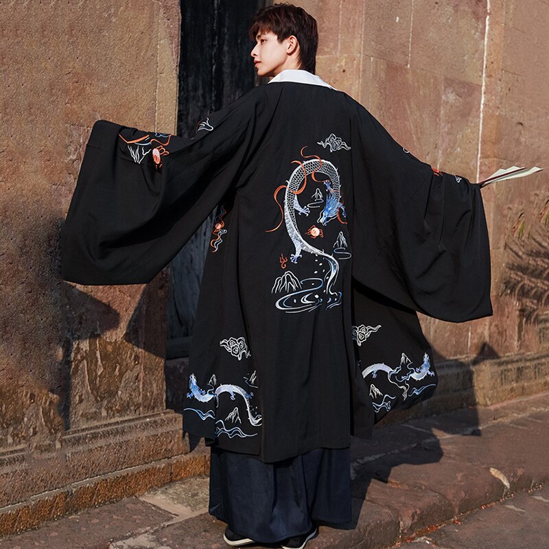 Mannen tang pak oude hanfu volkskleding zwarte geborduurde drakenjas lange jurk mannelijke festival rave outfit dnv 12442