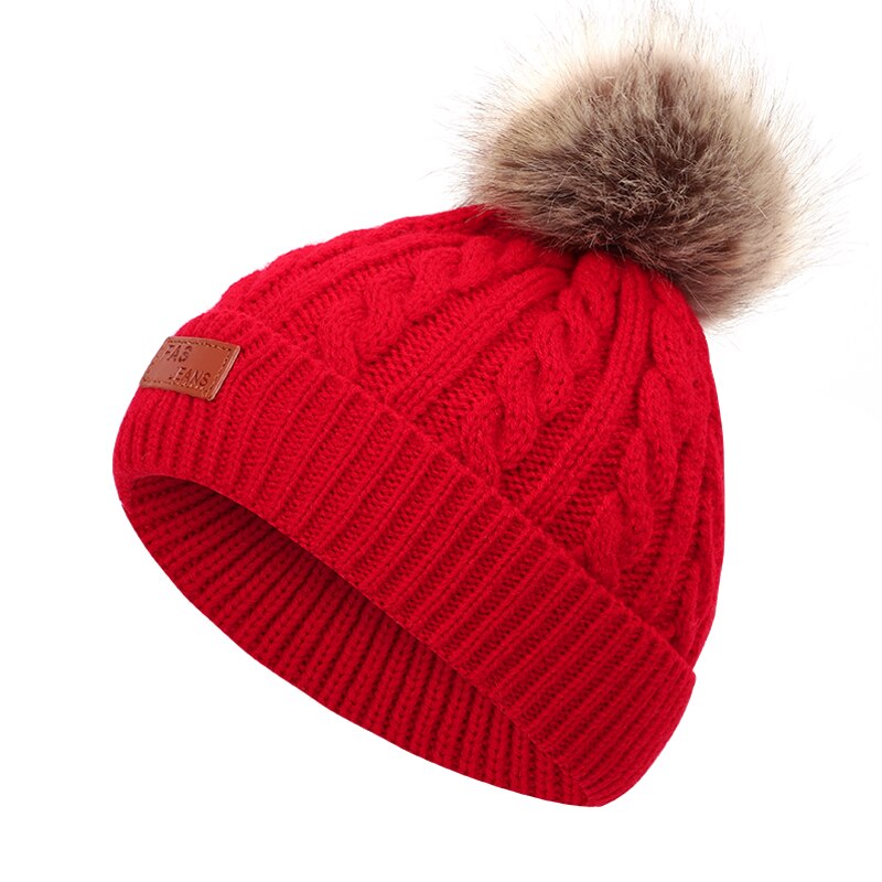 Børns vinterhue drenge og piger pompon læder strik hue varme striber sød sjov baby hat behagelige sombrero ærter: Rød