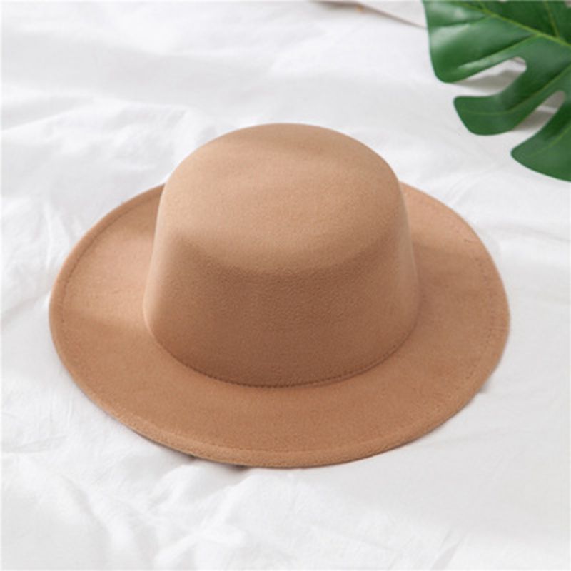 Women&#39;s Fedoras Hats Classic Solid Color Felt Vintage Wide Brim Simple Church Derby Flat Top Hat: Khaki