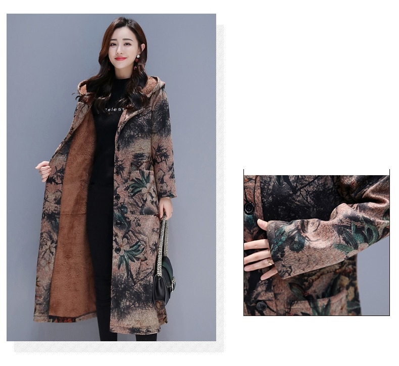 Vinter store størrelse tøj til kvinder langærmet hætte uld frakke trend vintage print frakke tykkere lange damefrakker 2290