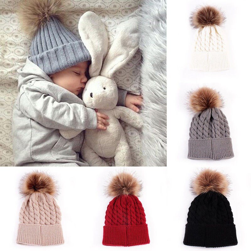Gorro cálido de punto para madre e hijo, gorro de lana con pompón de pelo, gorro de esquí de ganchillo, 2 uds.