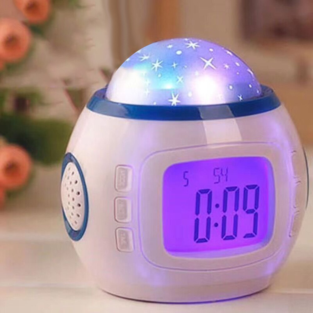 Music Alarm Clock Color Change Sky Star Projector Night Lamp Glowing Calendar Temperature Display Timer Clock for Children