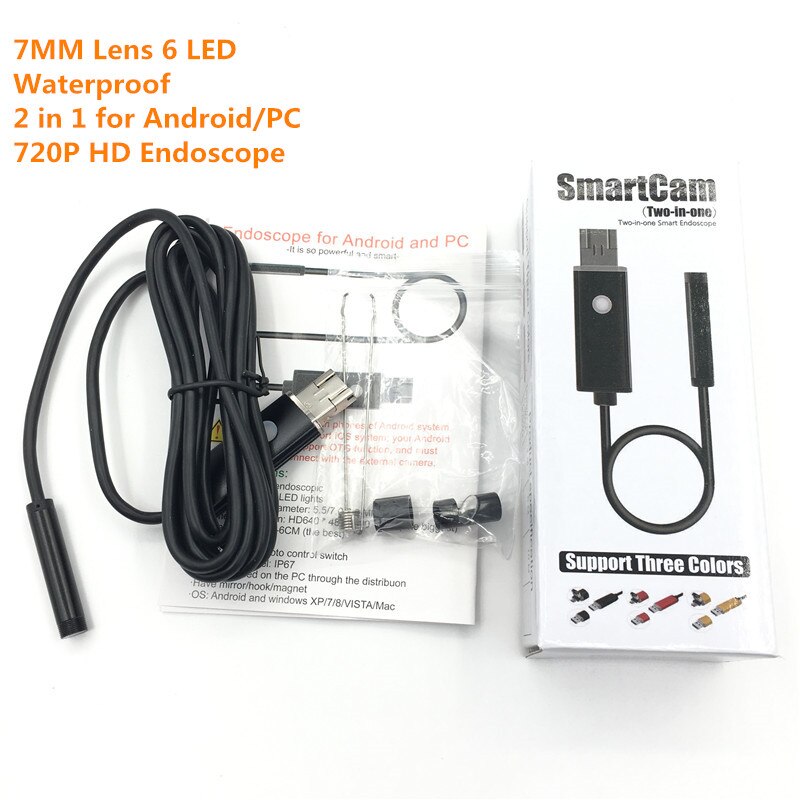 1m 2m 7MM Lens 2 IN 1 Android/PC 720P HD Endoscope Tube Waterproof Snake Borescope USB Inspection Mini Camera With 6 LED: 1m
