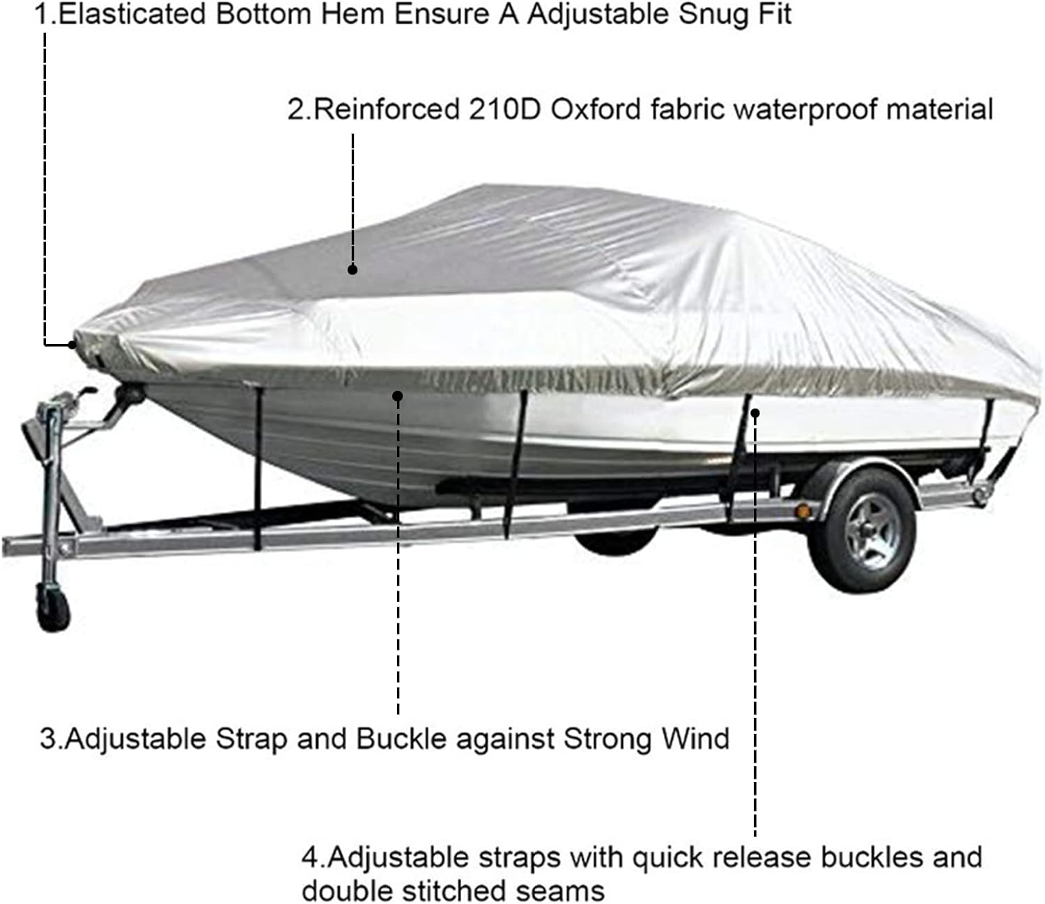 5 Größen Silber wasserdicht UV-beständig Marine Grade 210d Anhänger Boot Abdeckung für V-Rumpf Bass