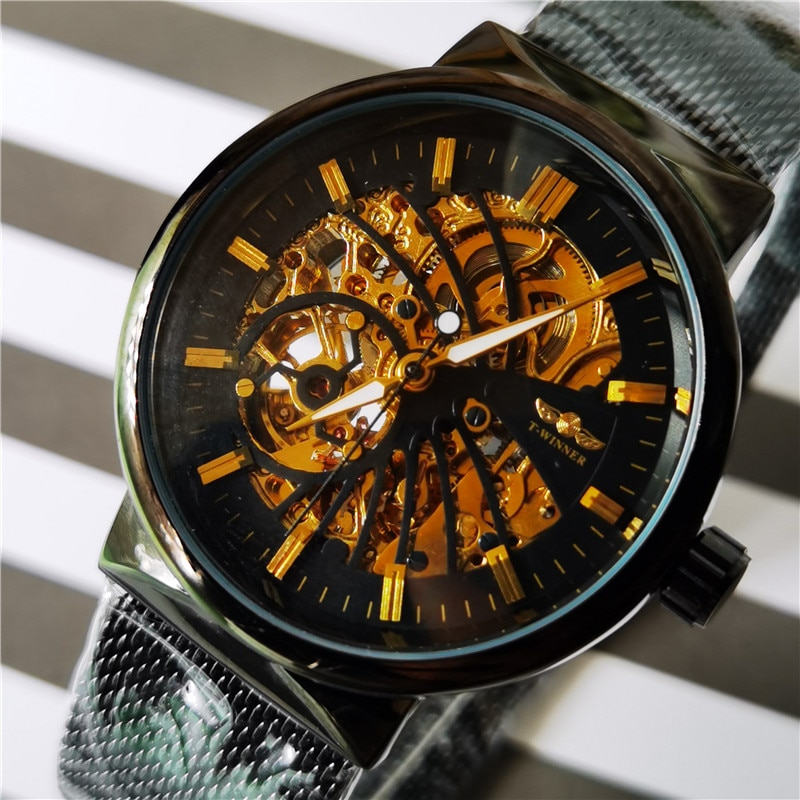 Winnaar Top Luxe Ultra Dunne Automatische Mechanische Horloges Gold Vogel Patroon Mesh Band Skelet Horloge Voor Mannen