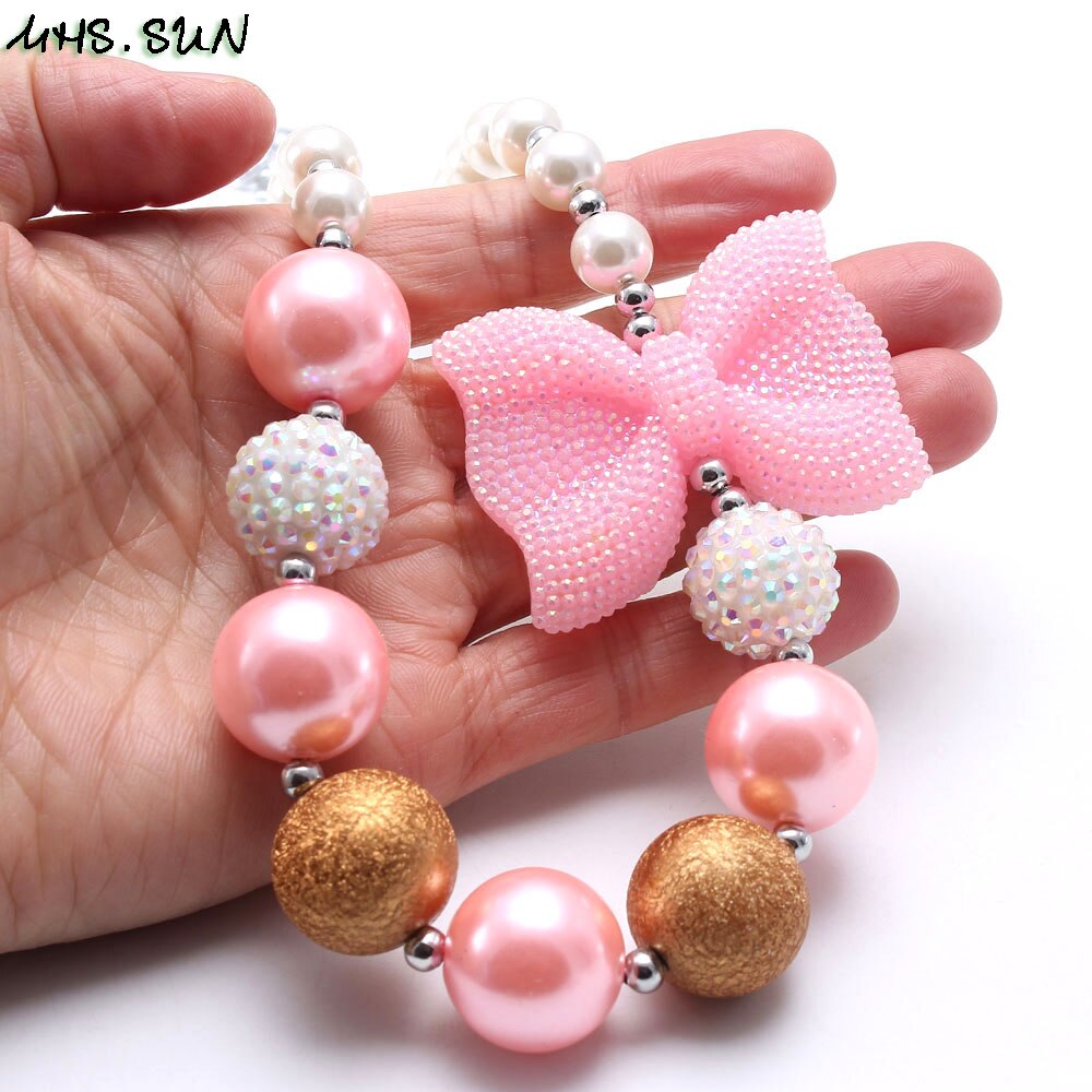 Mhs. Zon Schattige Baby Meisjes Roze Strik Ketting Kids Chunky Kralen Ketting Handgemaakte Bubblegum Sieraden Voor Kind Speelgoed