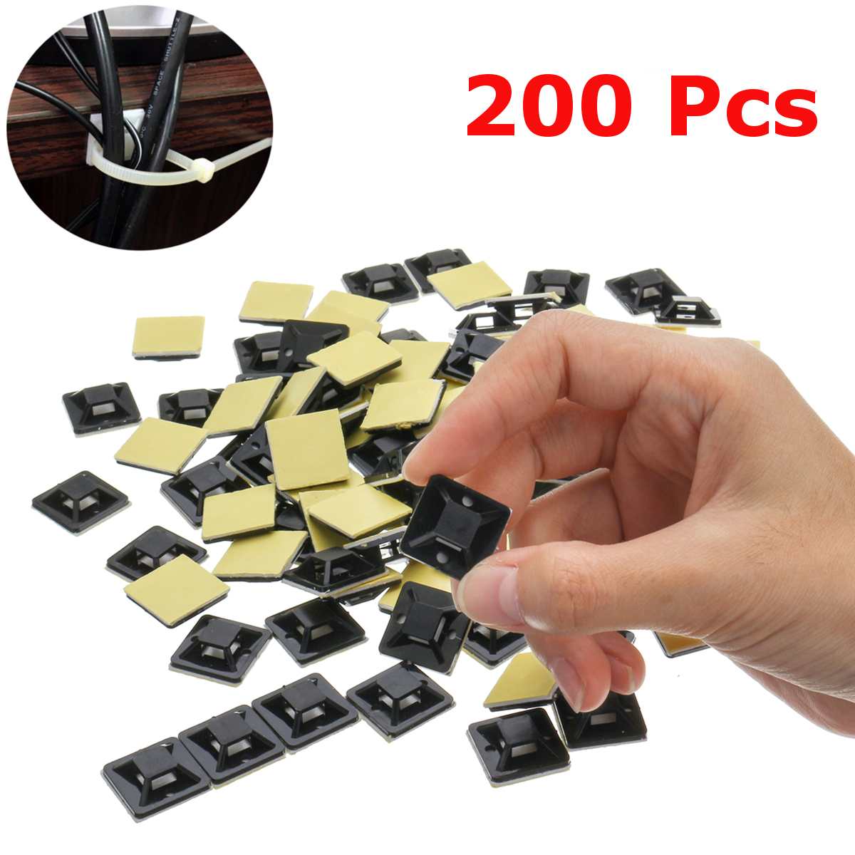 200PCS 100Pcs 20x20mm Self Adhesive Stick-on Mounts For Cable Ties / Routing Looms Wire & Cable Base Clamps Clip Black White: 200pcs Black