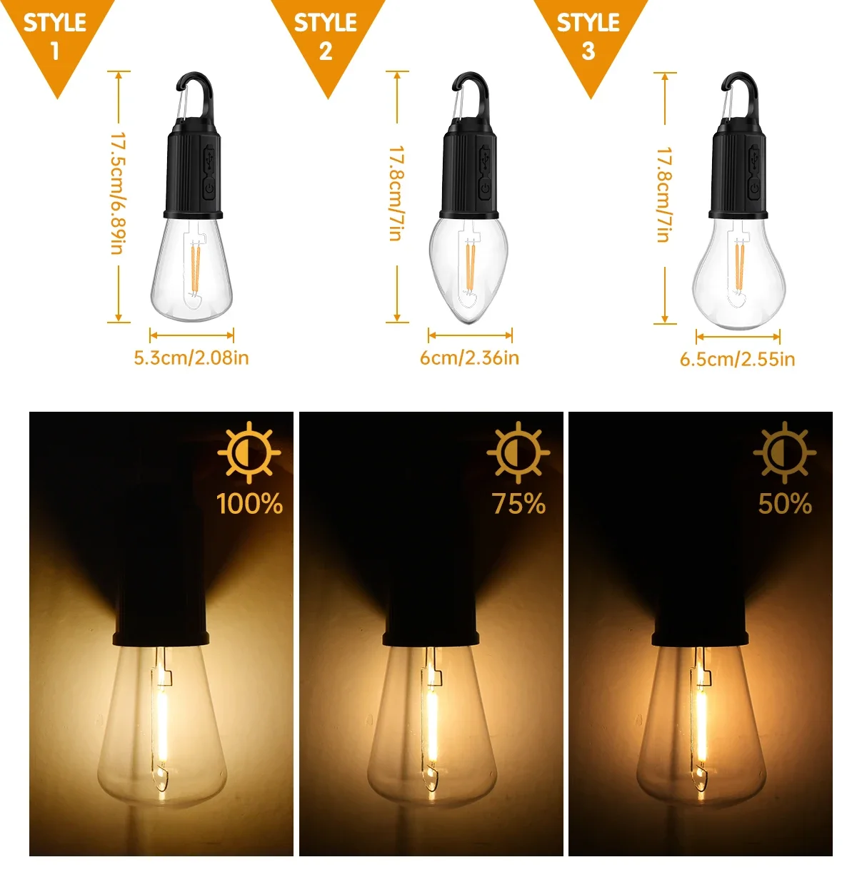 USB-kampeerlamp 3-verlichtingsmodus Oplaadbare lantaarn Waterdicht Hoog helder tentlicht met haak Nachtnoodverlichting voor buiten