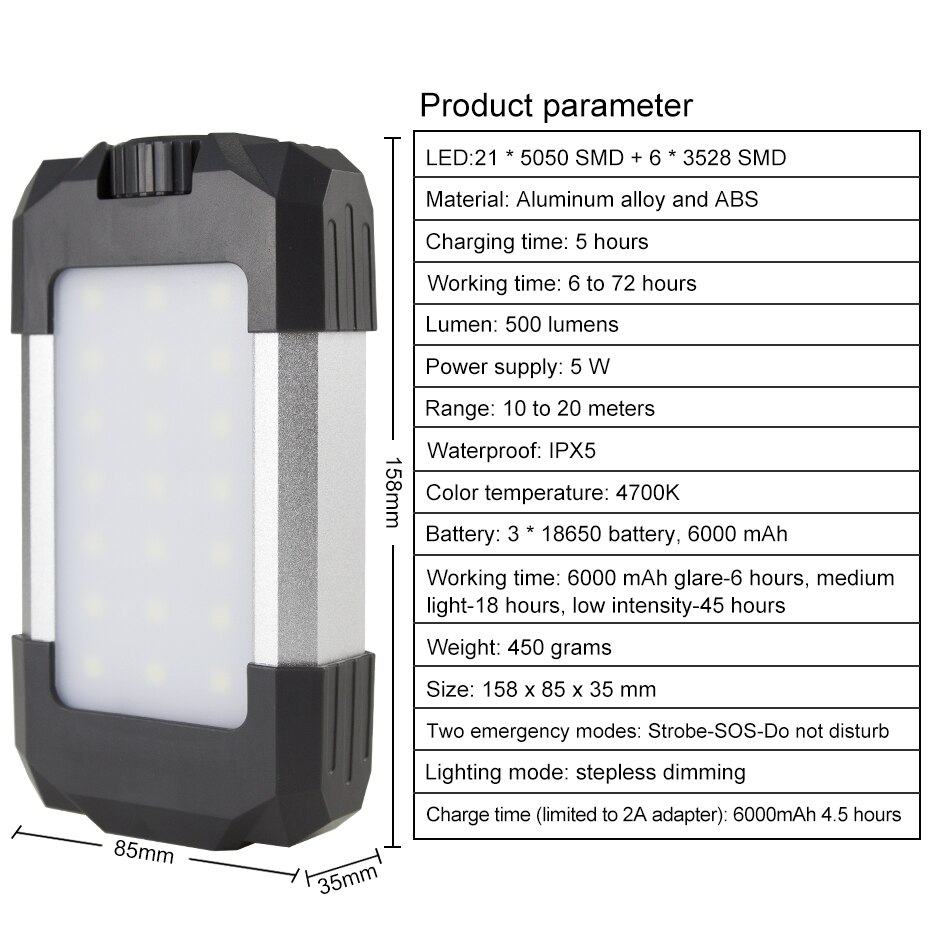 IP5X Waterdichte Draagbare LED Camping Licht 15W Handige Power Bank 6000mAh Oplaadbare Draagbare Buiten Wandelen Nachtlampje