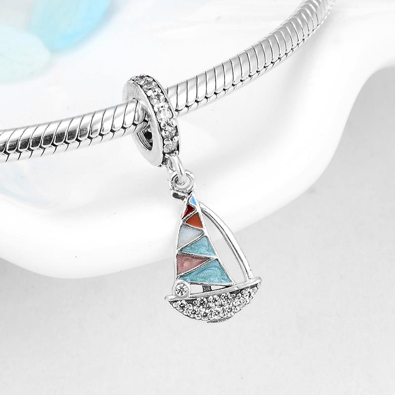 Breloques en forme de petit voilier en émail, perles en argent Sterling 925, adaptées aux Bracelets européens originaux,: PD0083