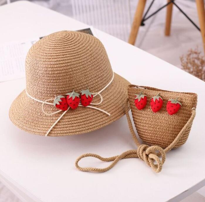 bonnet bebe fille Ensemble chapeau et sac en paille ondulé à la fraise pour fille, 2 pièces, accessoires de protection solaire pour enfants de 3 à 8 ans, printemps et été: 2Pcs-Khaki