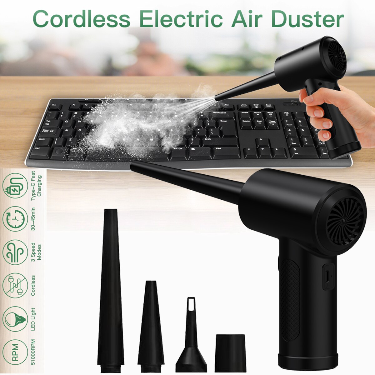 MECO Upgrade 2.0 Air Duster Wireless Air Blower Compressed USB Handheld PC Laptop Car Keyboard Electronics 6500mAh 50000RPM EU