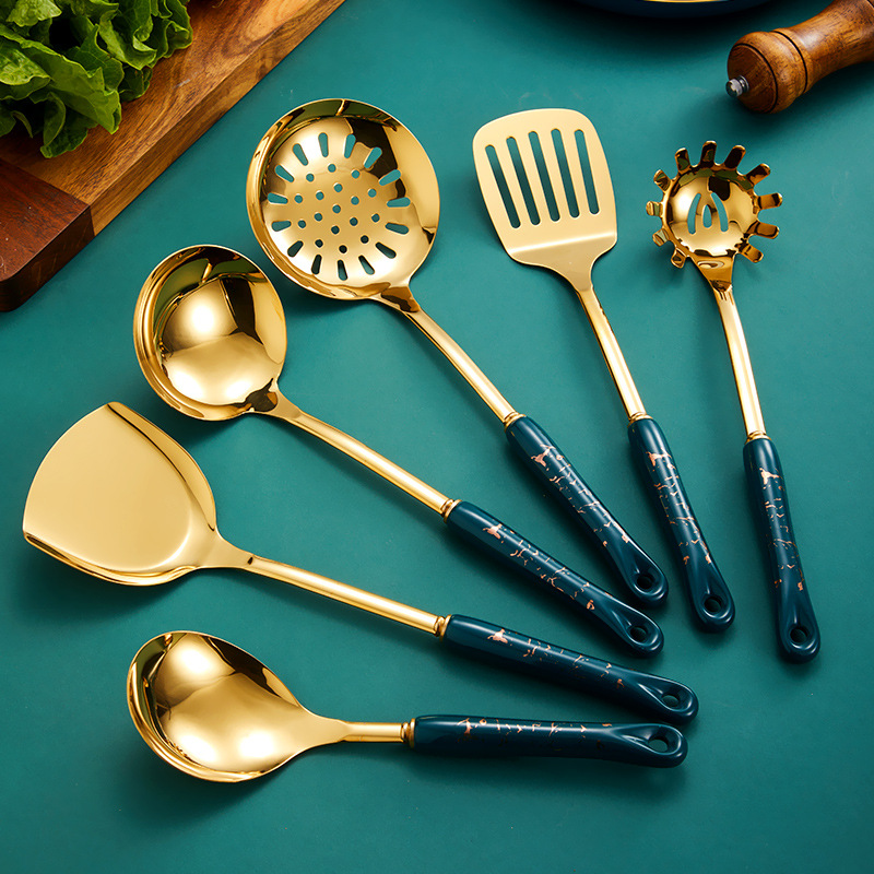 Dark green gold cooking pots set stainless steel cookware set non stick Spatula Shovel spoon kitchen utensils accessories set: green 6PC