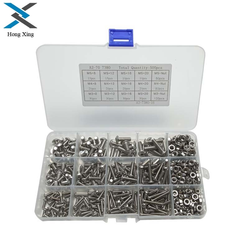 500 Stks/partij M3/M4/M5 304 Rvs Machine Schroeven Met Hex Noten Assortiment Kit Knop Hoofd Bouten metrische Draad Schroef Moer