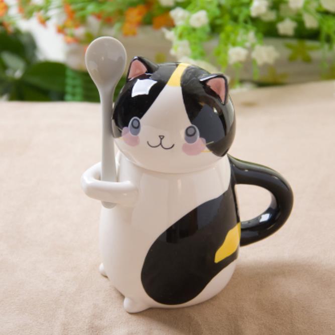 Cute Cat Teacups Exquisite Teaware Accessories With Spoon and Lid Coffee Tea Cups Porcelain Couple Milk Mug Drinkware: 4