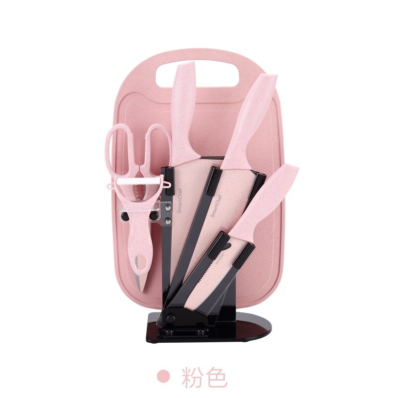 Tarwe Stro Mes Set Rvs Zeven Stuk Mes Set Keramische Mes Keuken Set Mes Schaar Fruit mes Houder: Pink Black base