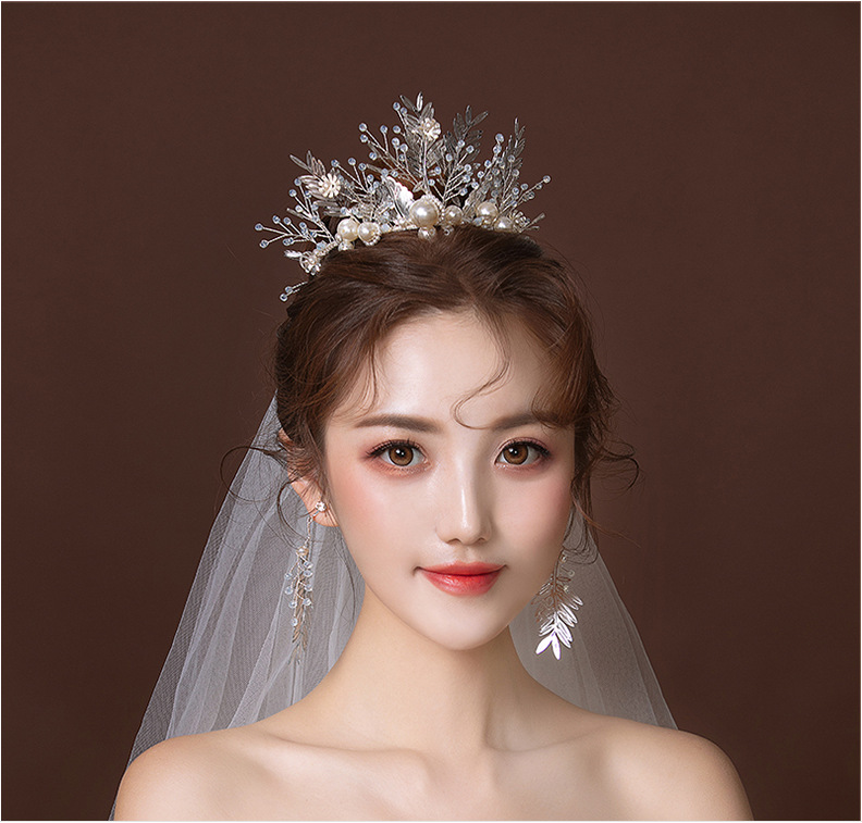 Koreaanse Bruid Kroon Hoofdband Oorbel Sieraden Set Fairy Prinses Barokke Kroon Bruiloft Haaraccessoires Sieraden Voor Vrouwen
