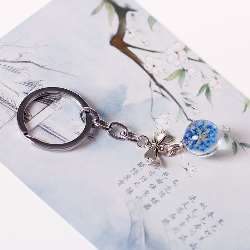 Ethnische Stil Einfache Schöne Getrocknete Blumen Glas Ball Legierung Bogen Anhänger Keychain Süße Mädchen frauen Schlüssel Tasche Zubehör