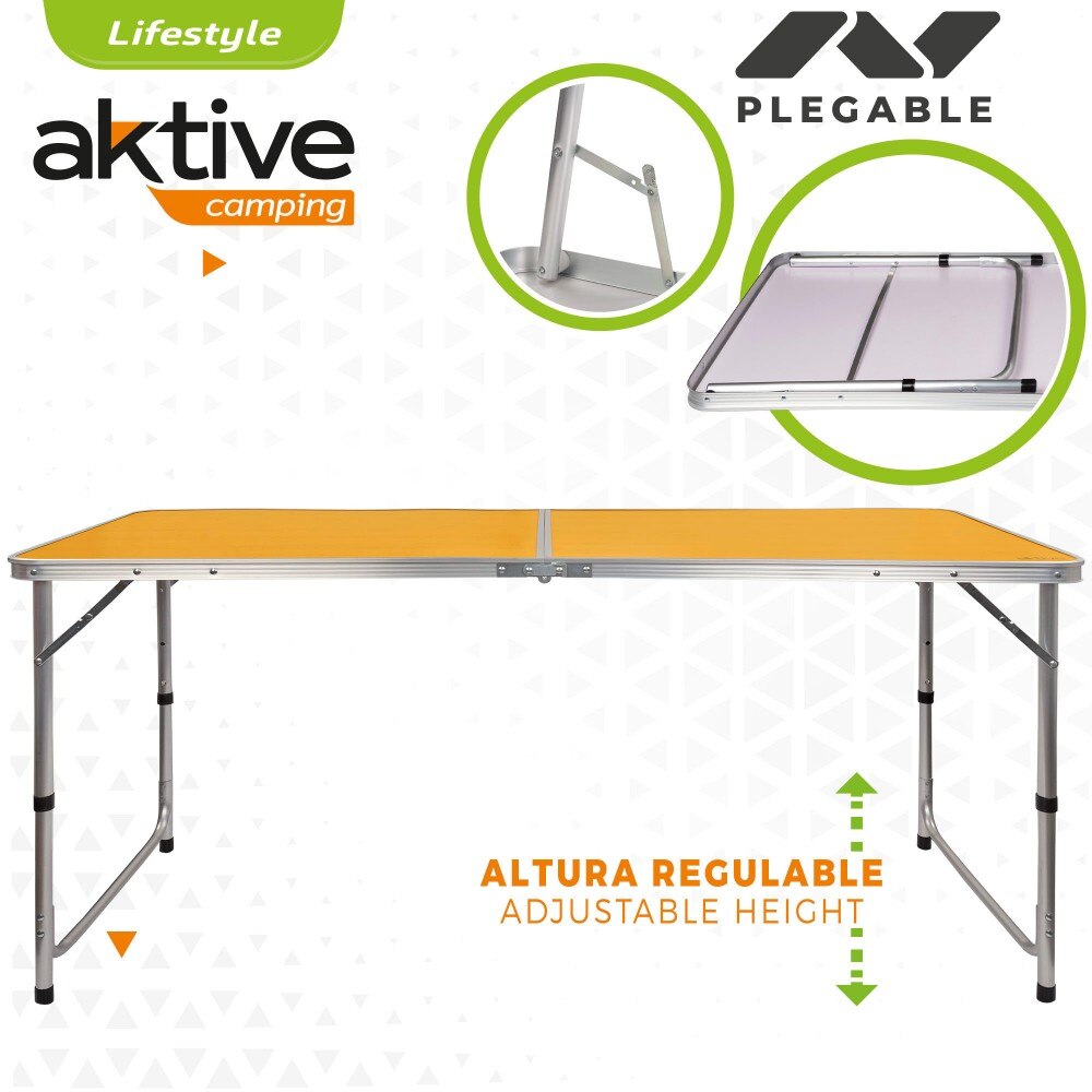 Mesa plegable altura regulable de camping madera Aktive, 150x60x70 cm, Mesa plegable camping, Mesas plegable aire libre