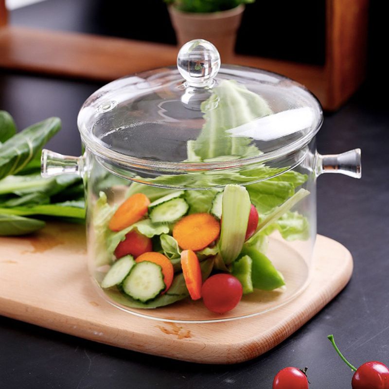 Glass pot with lid, 1L / 1.3L, hand-made glass cookware, can be used to cook noodles, soup, milk, baby food, etc.