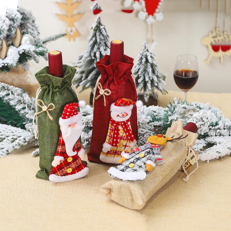 1pc julevinflaskebetræk taske fest hjemmepynt julemand champagneflaske linnedbetræk julebordsindretning
