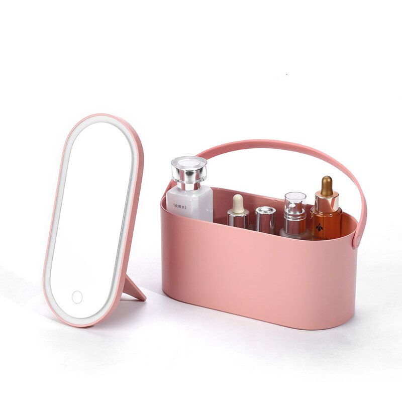 LED Makeup Mirror Cosmetic Box LED Touch Screen Illuminated Makeup Mirror Travel Makeup Mirror Portable Cosmetic Storage Box