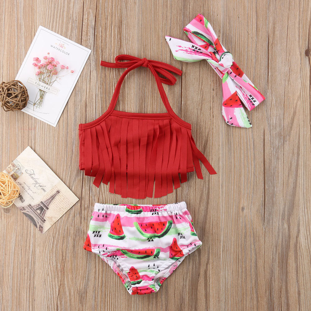 3 piezas sandía estampado Tassel Bikini traje de baño para niña