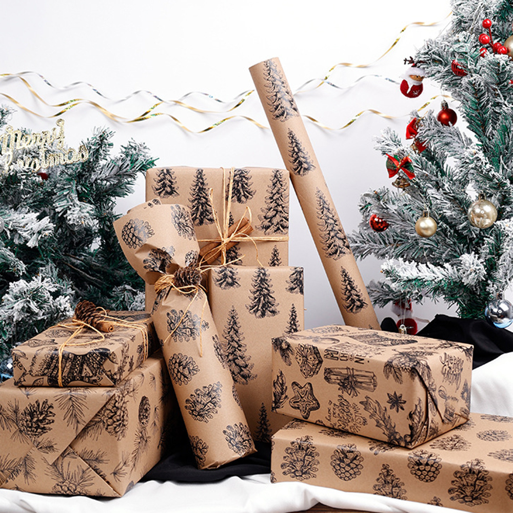 1 Roll Wrapping paper 17inch x 118inch wrap, Christmas Wrapping Paper, Kraft Paper - Black Pinecone Xmas kraft paper ﻿