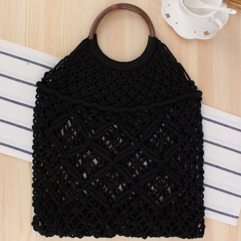 Geweven vrouwen Handtas Netto Zak Handgemaakte Zomer Stro Strand Zakken Bohemen Vrouwelijke Netto Pocket Hollow Ronde Handvat Tote Mesh tas: Black Net bag