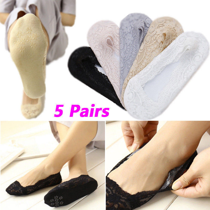 5Pairs Lot Ladies Women Girls Invisible Footsies Lace Sock Slipper Shoe Liner Trainer Ballerina Socks