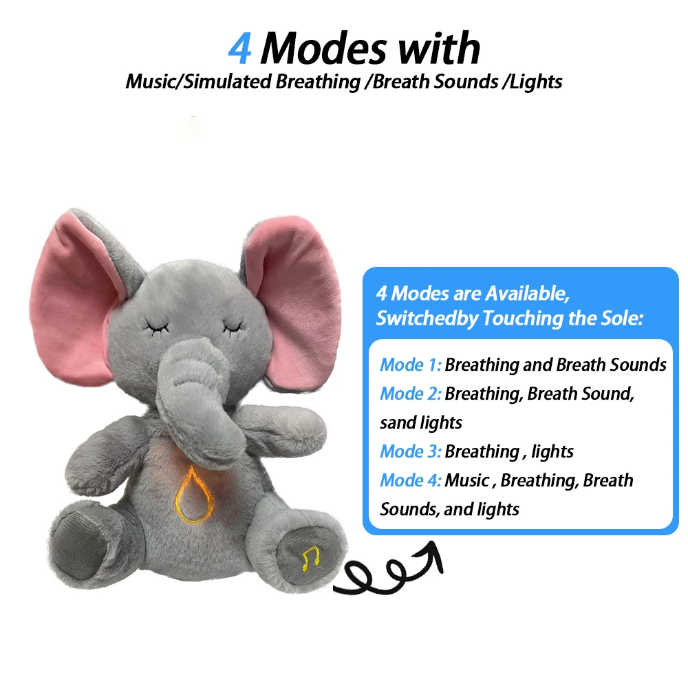 Muñeco de peluche de elefante calmante para bebé, 4 modos, compañero para dormir, muñeca musical y ligera, juguete de peluche sensorial, para niños: Gris
