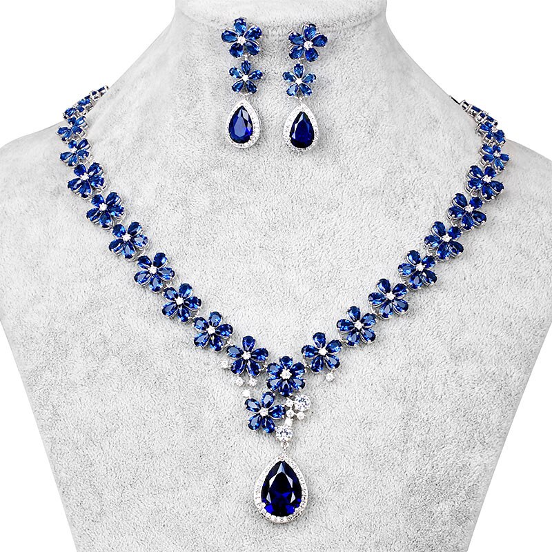 Aaa conjunto de joias para noivas, conjunto de joias para casamento, colar e brinco cúbico de zircônia cz em vermelho ou azul cores: Blue