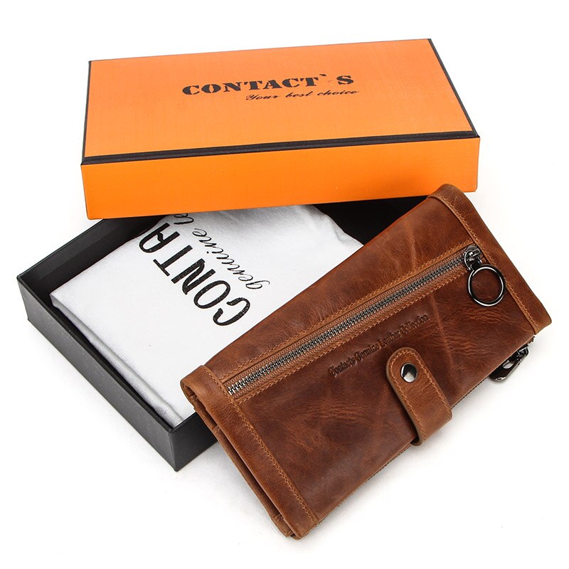 CONTACT'S 100% Genuine Leather Men Wallet Multifunction Long Purse with Coin Pocket Zipper Cartera Male Card Holder Rfid Wallets: Brown Box