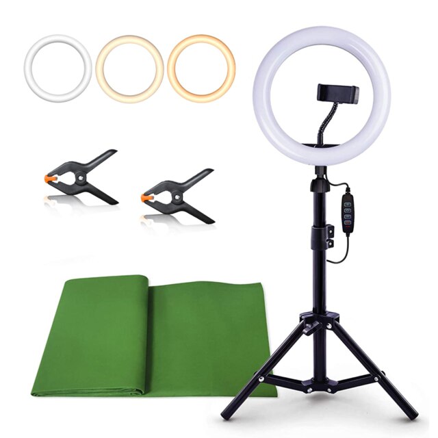 8" LED Ring Light with Stand Green Background Cloth Photographic Ring Lamp DIY Studio Creator Video Maker Green Screen Kit: Default Title