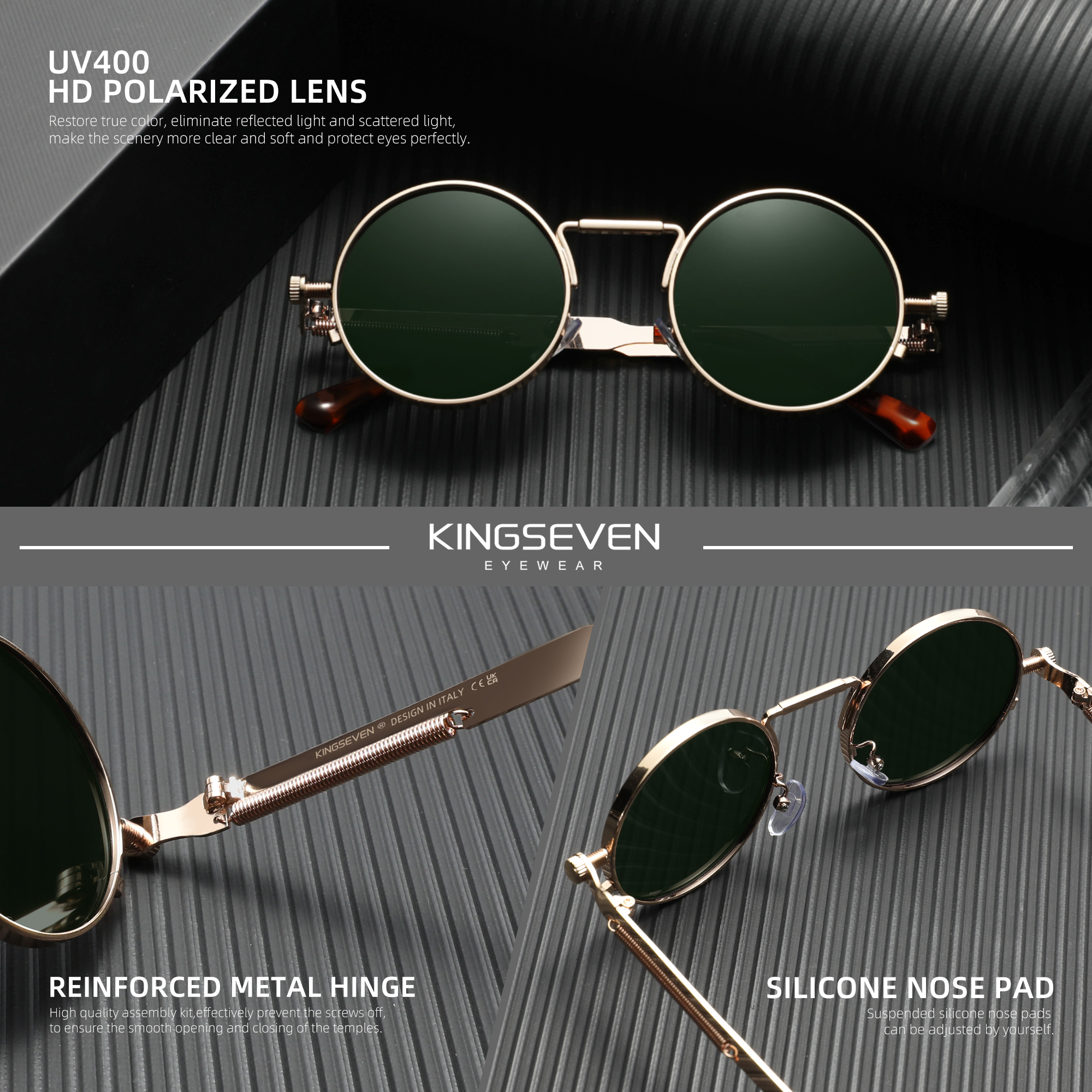KINGSEVEN 2025 Trend Runde Sonnenbrille Polarisierte Männer Sonnenbrille UV400 gotisch Steampunk Stil Männlich Anti-Blendung Spiegel Objektiv